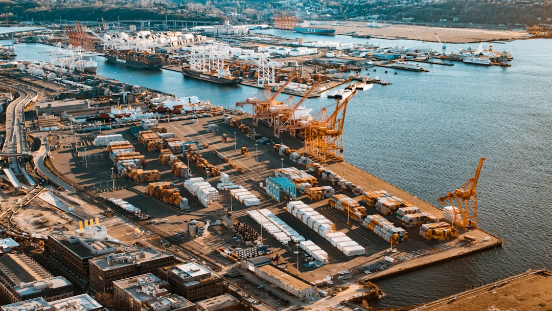 Aerial view of a busy container port