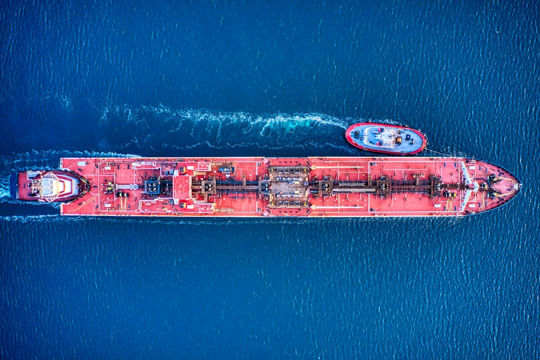Aerial view of a tanker in open water.